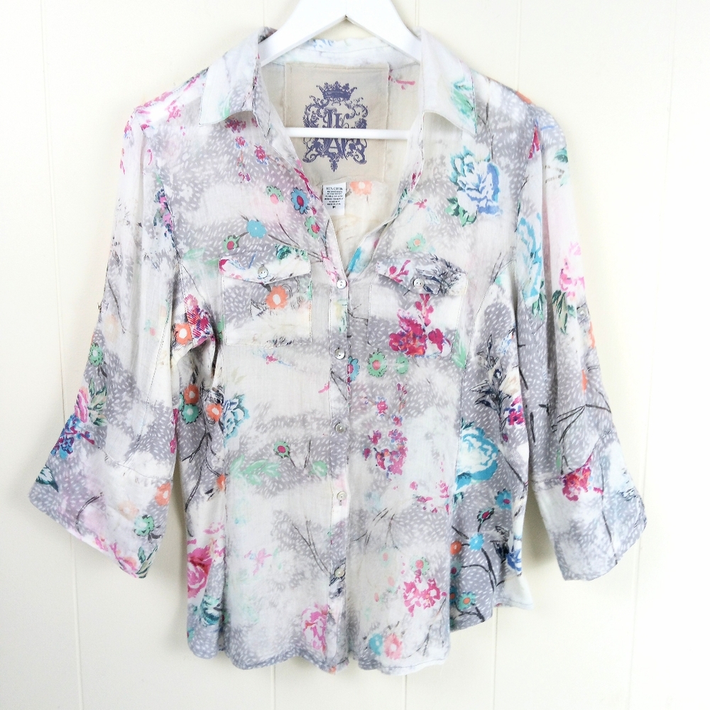 Jak Women Top Size M Floral Multicolor Roll Tab Sleeves Semi Sheer Button Up